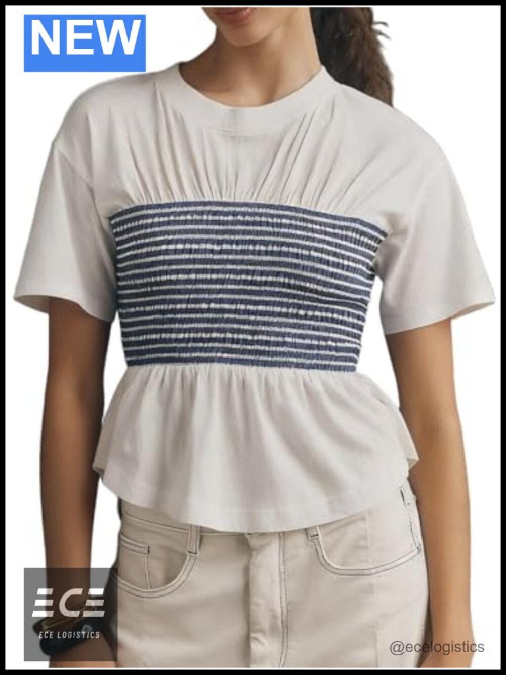 Striped Short Sleeve Smocked Waist Crew Neck Crop Top Pullover Cotton